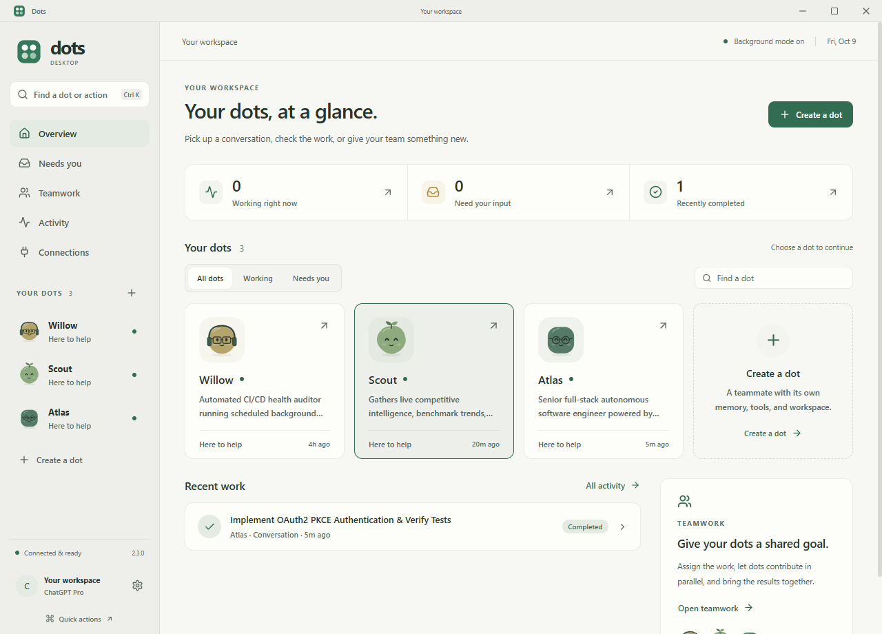 Dots Desktop 2.3 overview with searchable teammates and recent work